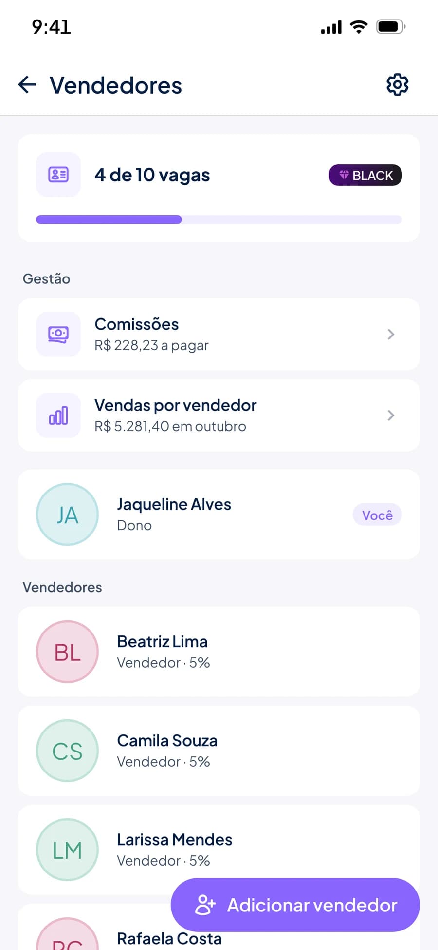 Tela Vendedores do dono no Stoqui com 4 de 10 vagas usadas, comissões a pagar, vendas por vendedor e a lista de vendedores