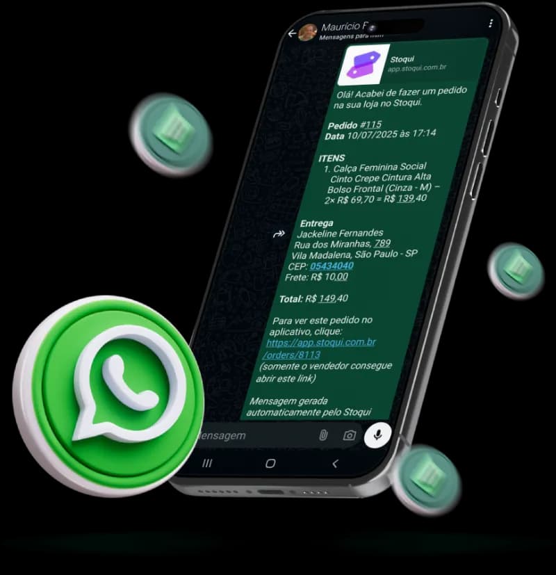 Aplicativo de vendas do Stoqui mostrando pedidos recebidos pelo WhatsApp e o controle de estoque no celular