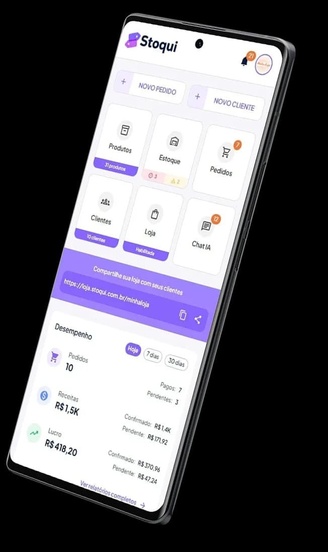 App do Stoqui com vendas, produtos e pedidos