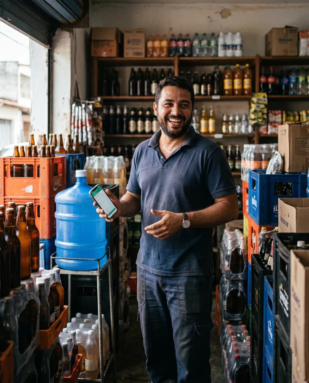 Dono de distribuidora de bebidas gerenciando os pedidos no Stoqui pelo celular, entre as caixas de bebidas