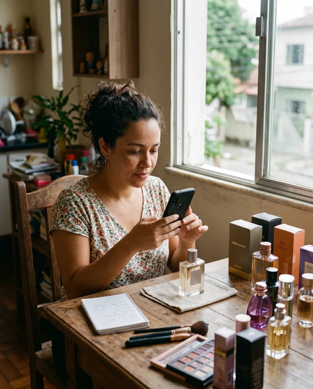 Dona de loja de cosméticos e perfumaria gerenciando a loja no Stoqui pelo celular