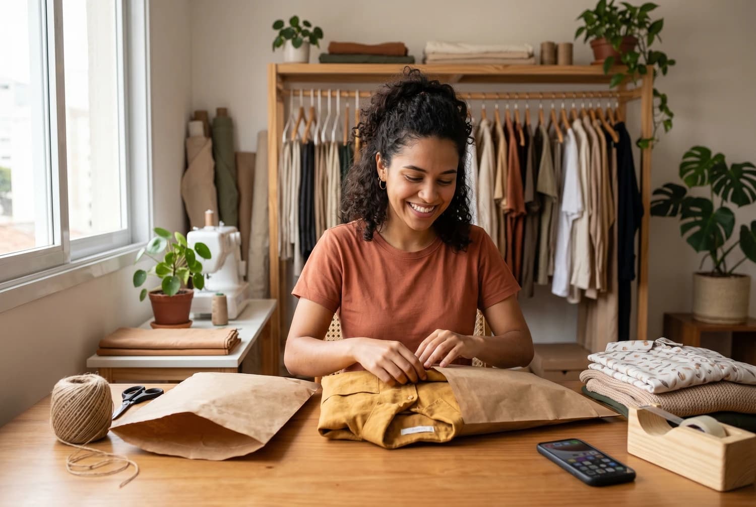 Dona de loja de roupas embalando um pedido em casa com o celular ao lado