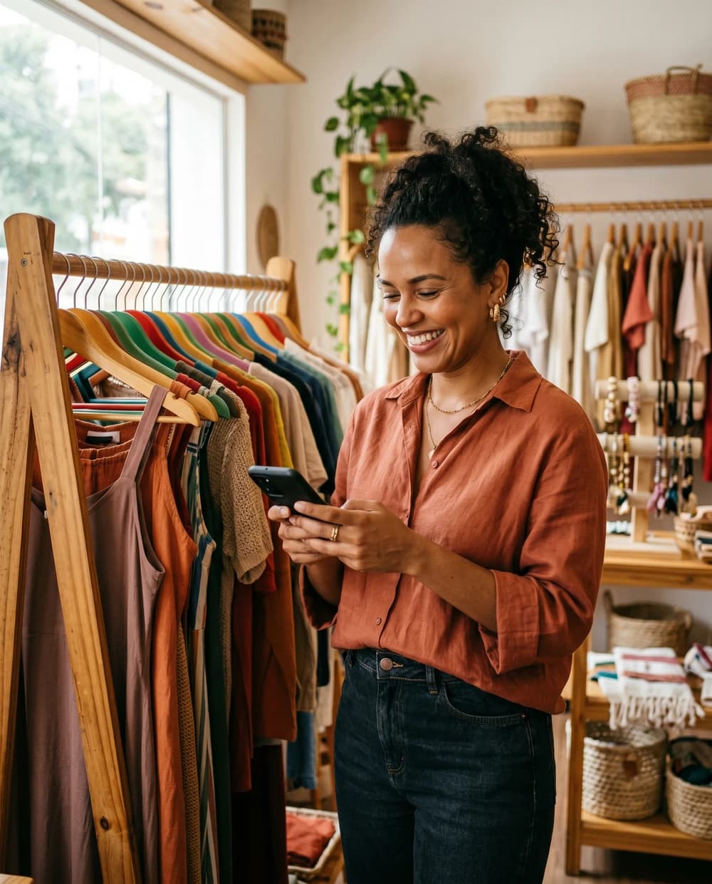 Dona de loja de roupas gerenciando a loja no Stoqui pelo celular, ao lado da arara de roupas