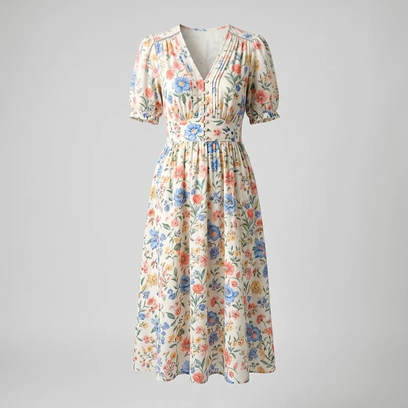 Vestido midi floral em loja de roupas no Stoqui, foto tratada com IA