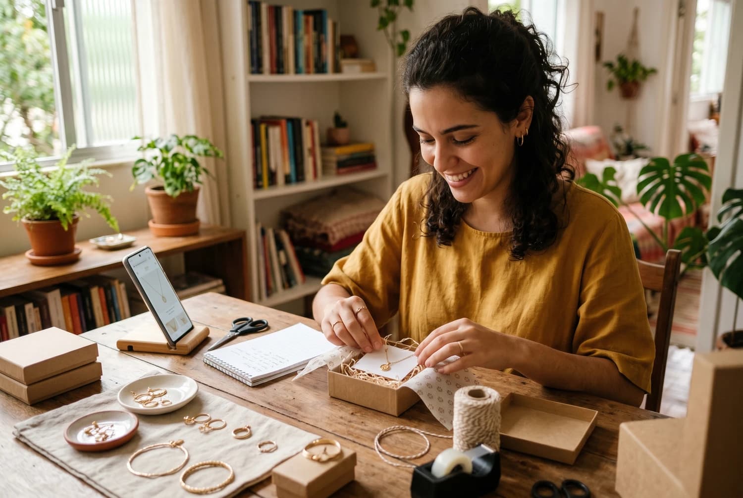 Empreendedora de semijoias embalando um pedido em casa com o celular ao lado