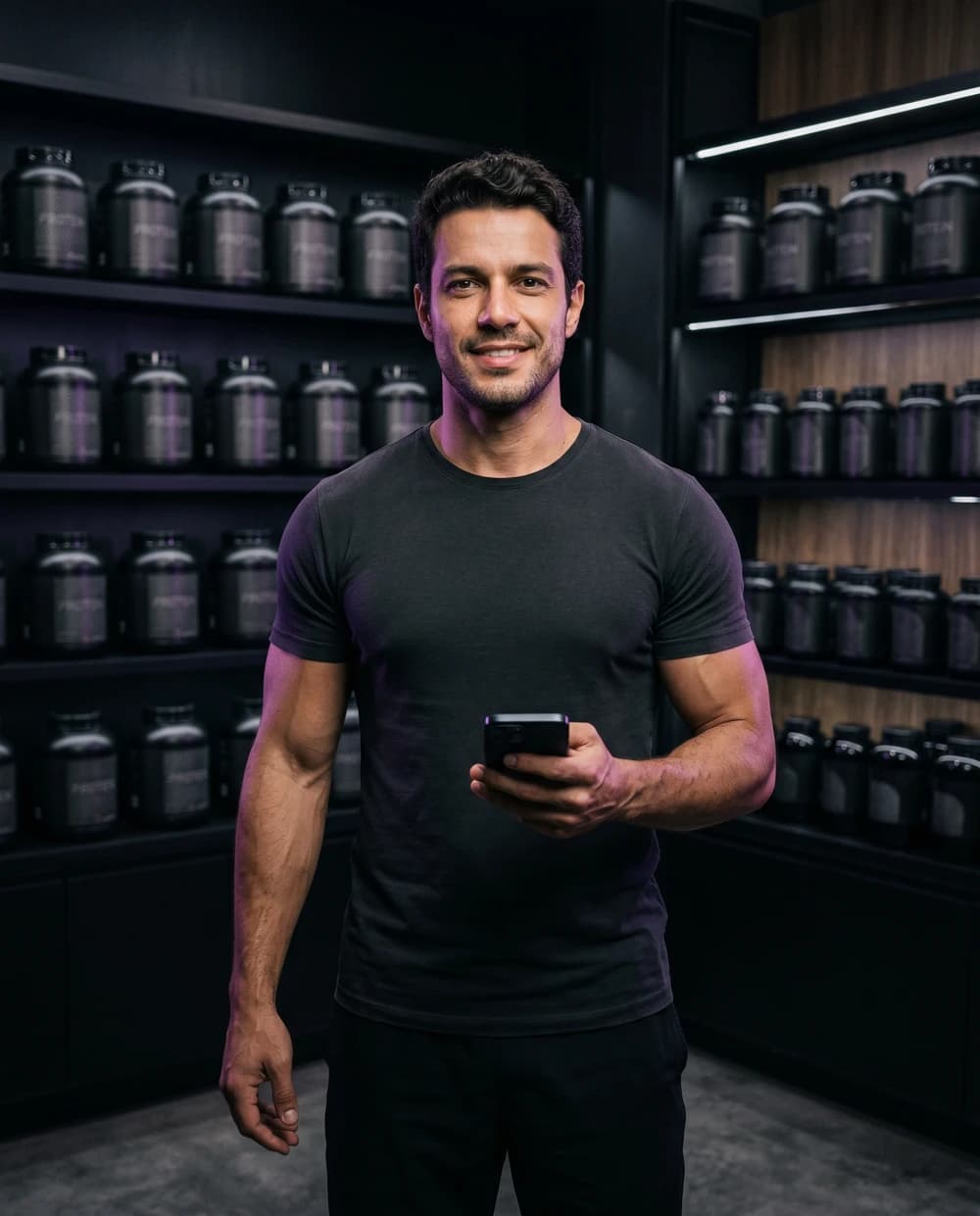 Dono de loja de suplementos e nutrição esportiva conferindo os pedidos no Stoqui pelo celular