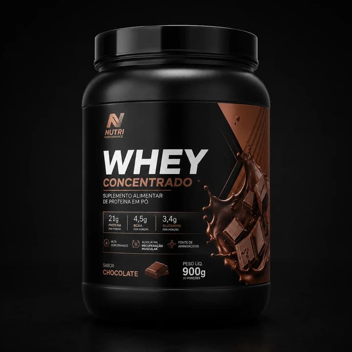 Pote de whey protein sabor chocolate em loja de suplementos no Stoqui