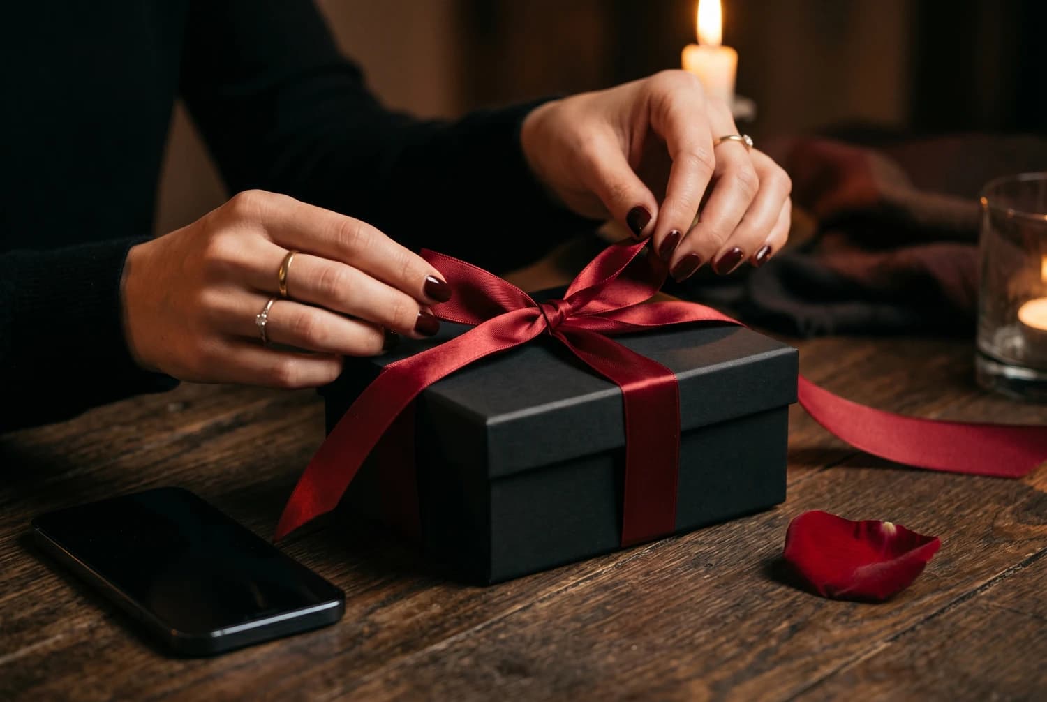 Lojista embalando um pedido discreto de moda íntima em casa com o celular ao lado