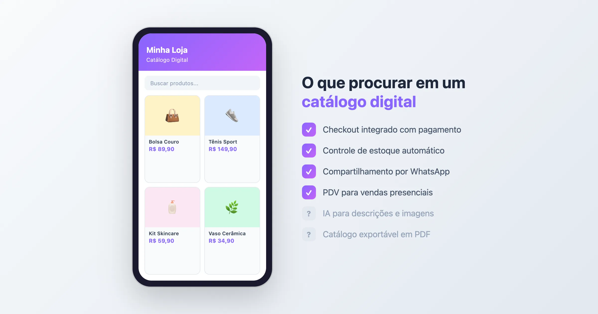 Tela de catálogo digital em smartphone mostrando produtos com checklist de funcionalidades